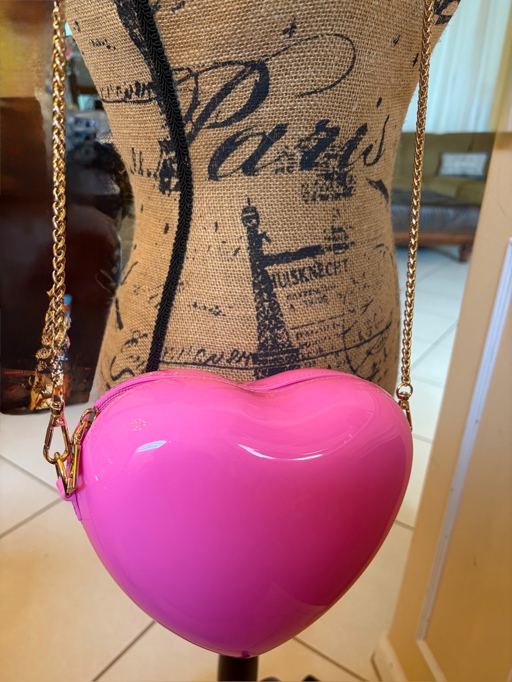 Pink Heart Crossbody Bag with Gold Chain